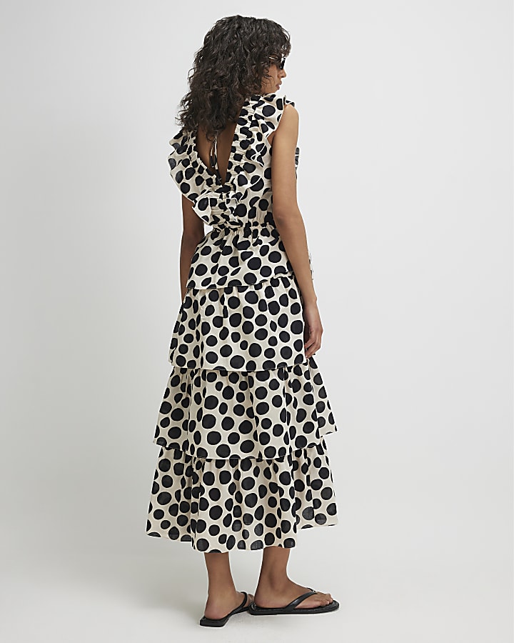 Cream Cotton Spot Print Ruffle Midi Dress
