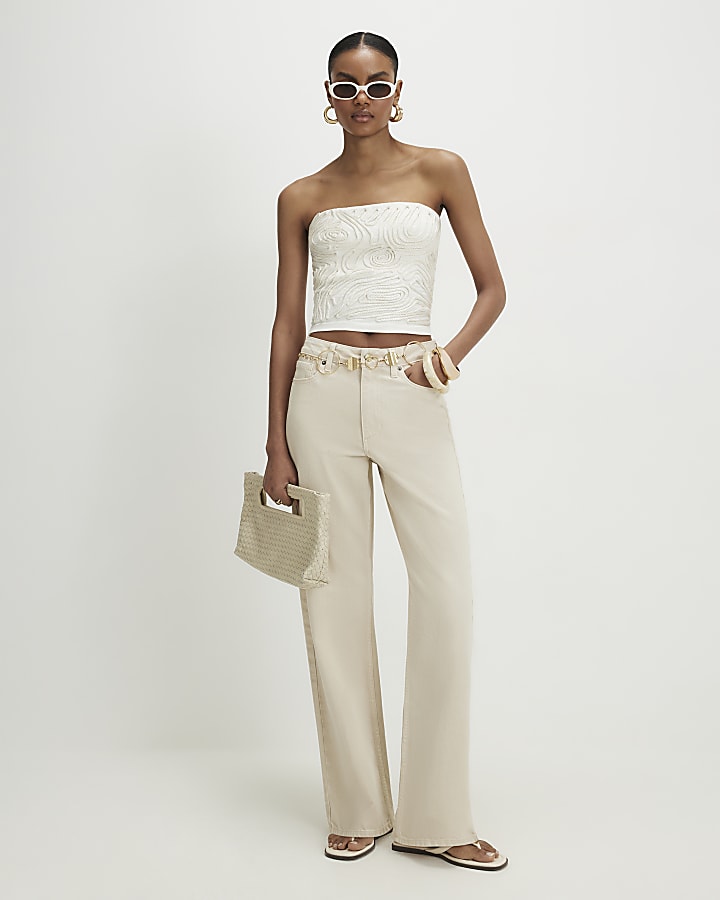 Cream Cotton Cornelli Embroidered Bandeau Top