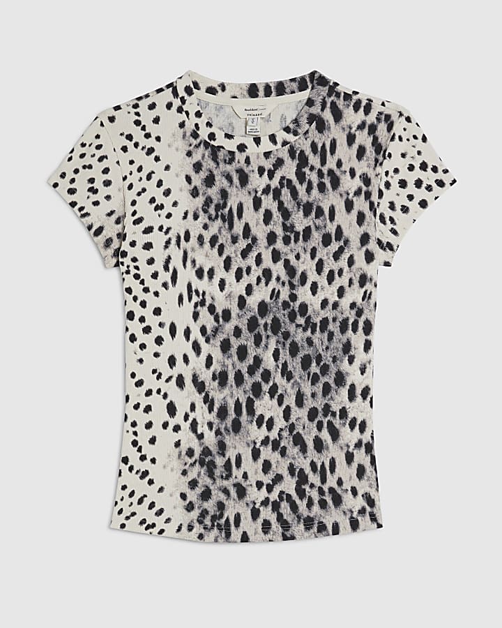 Cream Cotton Cap Sleeve Animal Print T-Shirt