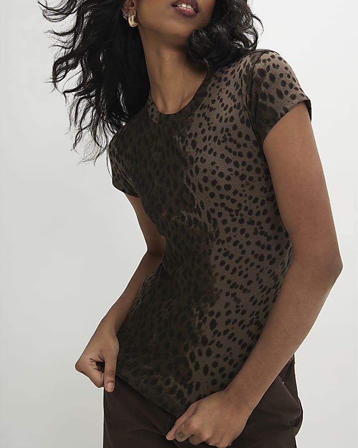 Brown Cap Sleeve Animal Print Top