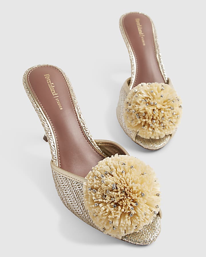 Beige Metallic Raffia Pom Pom Peep Toe Heels