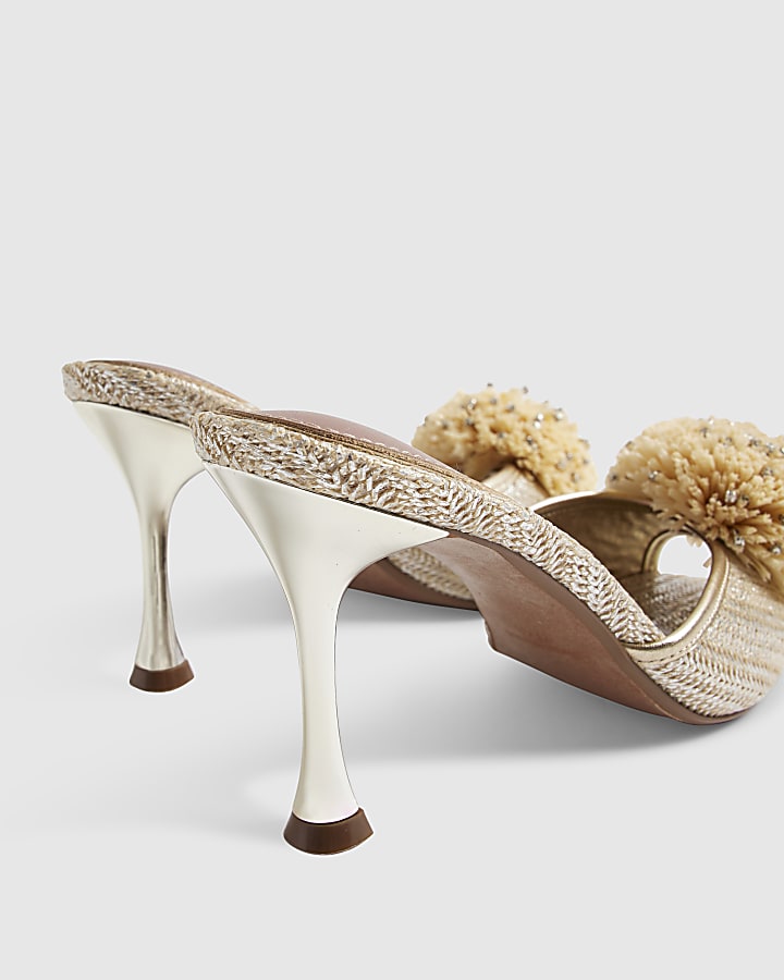 Beige Metallic Raffia Pom Pom Peep Toe Heels