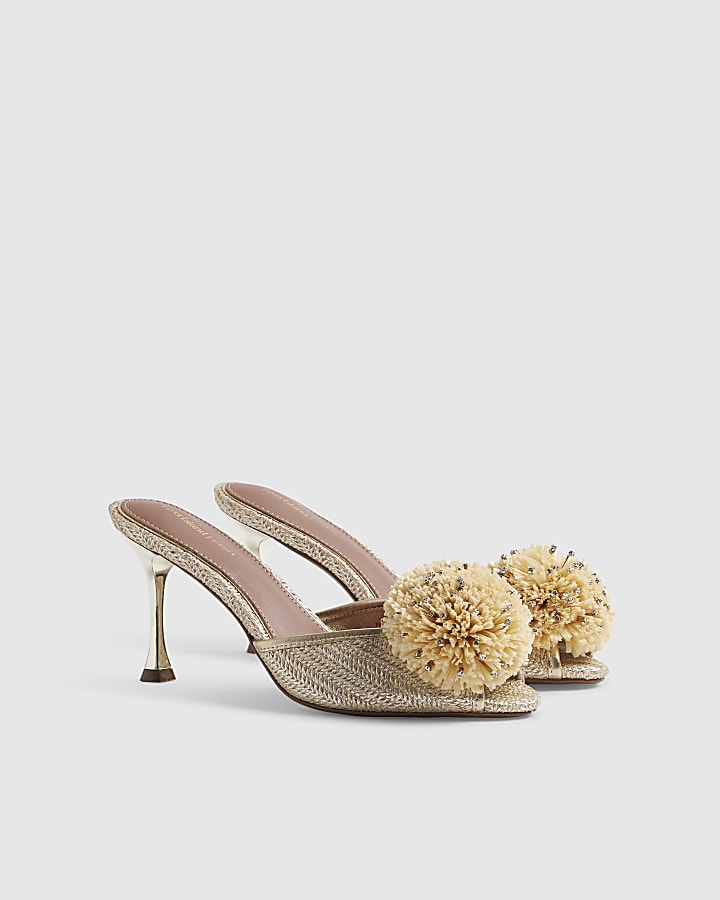 Beige Metallic Raffia Pom Pom Peep Toe Heels