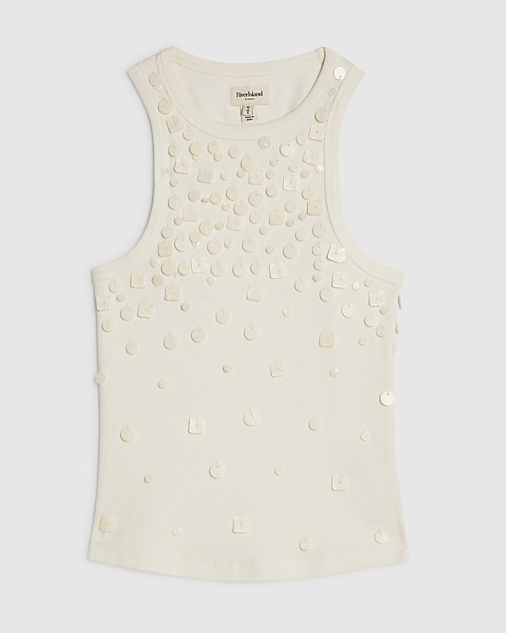 Cream Cotton Blend Shell Rib Tank Top