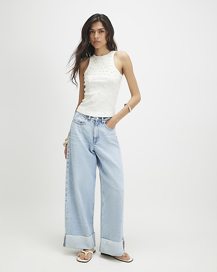 Cream Cotton Blend Shell Rib Tank Top