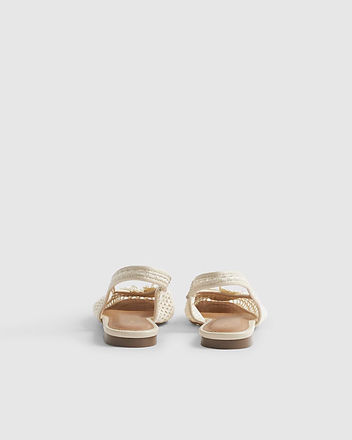 Cream Flower Crochet Flat Slingback Shoes