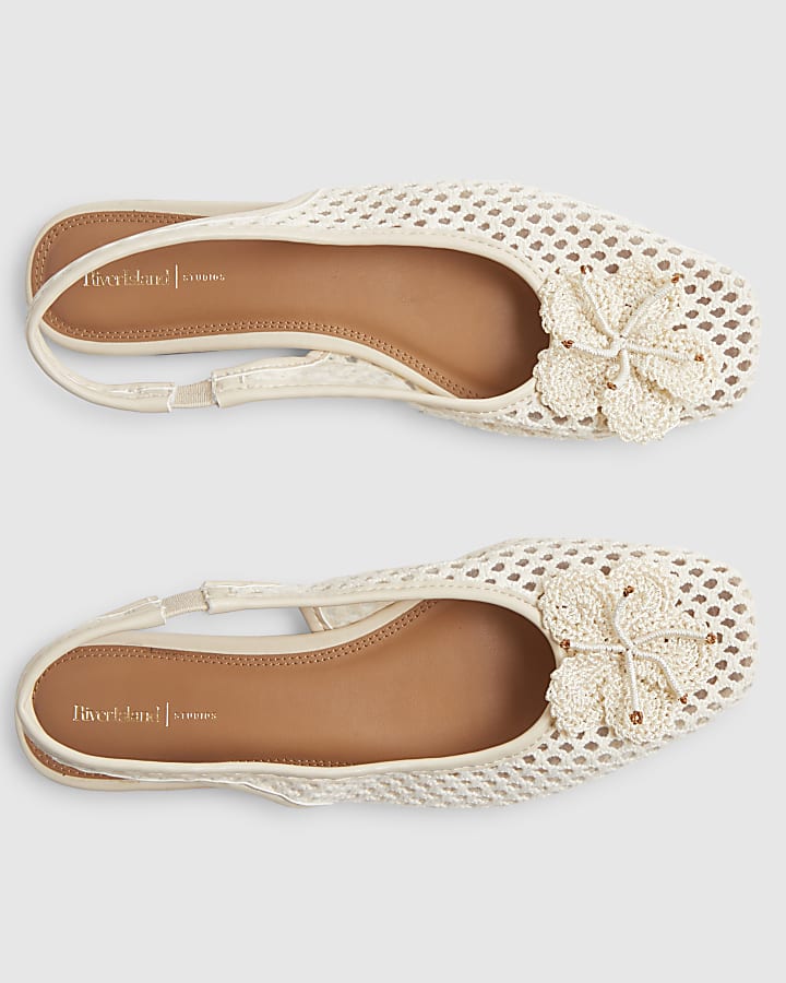 Cream Flower Crochet Flat Slingback Shoes