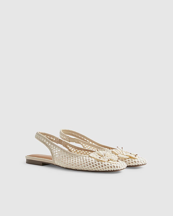 Cream Flower Crochet Flat Slingback Shoes