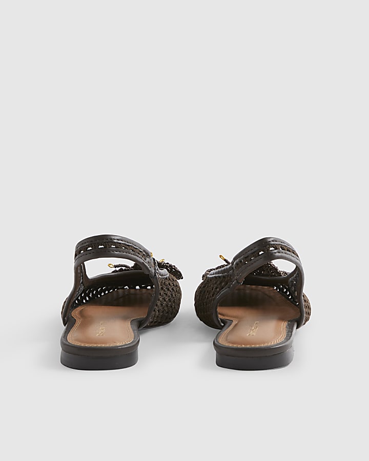 Brown Flower Crochet Flat Slingback Shoes