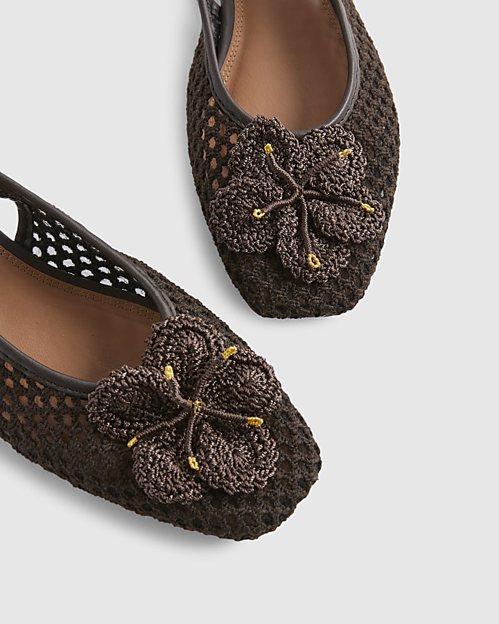 Brown Flower Crochet Flat Slingback Shoes