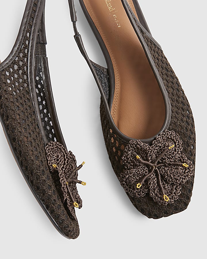 Brown Flower Crochet Flat Slingback Shoes