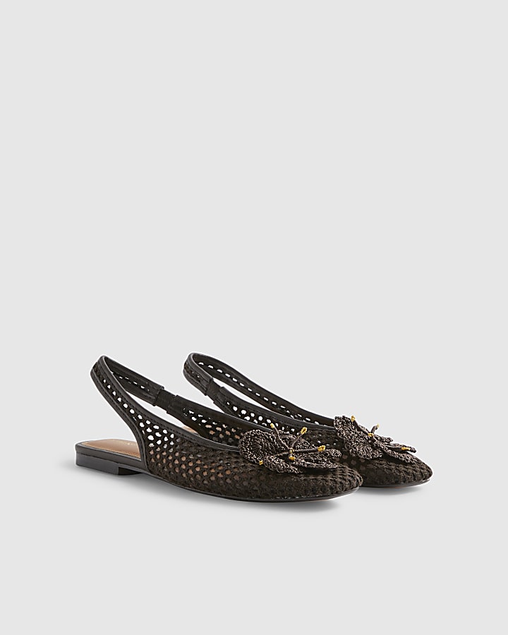 Brown Flower Crochet Flat Slingback Shoes