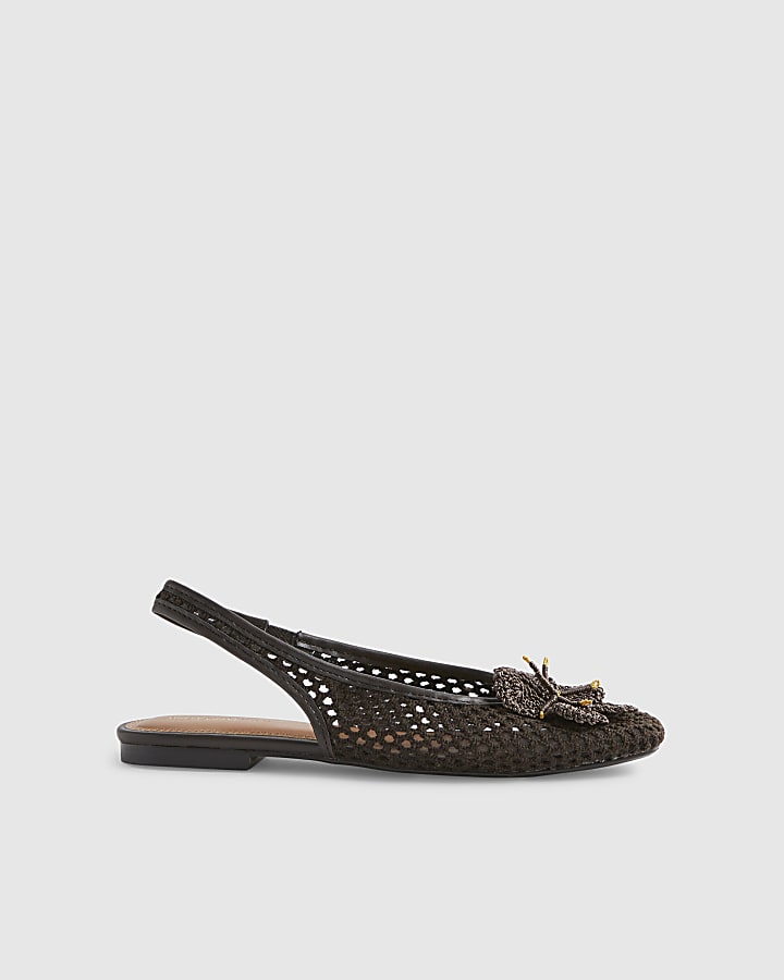 Brown Flower Crochet Flat Slingback Shoes