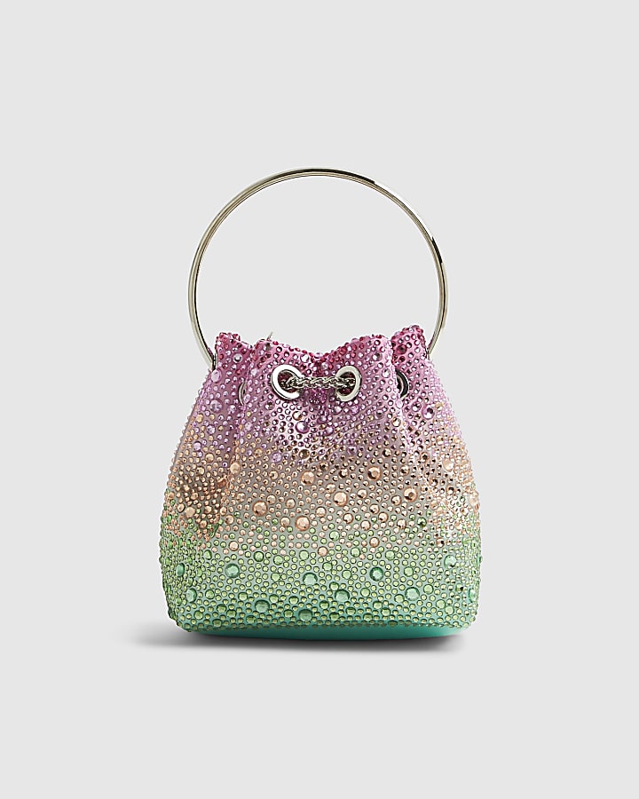 Pink Ombre Gem Metal Handle Bucket Bag