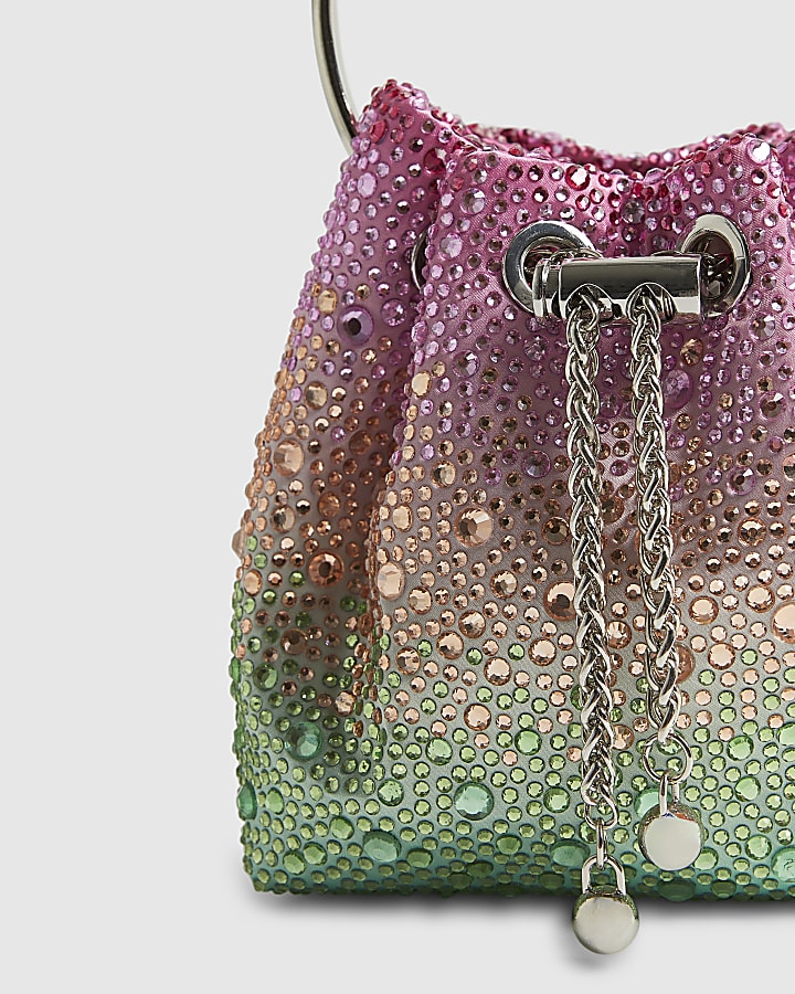 Pink Ombre Gem Metal Handle Bucket Bag