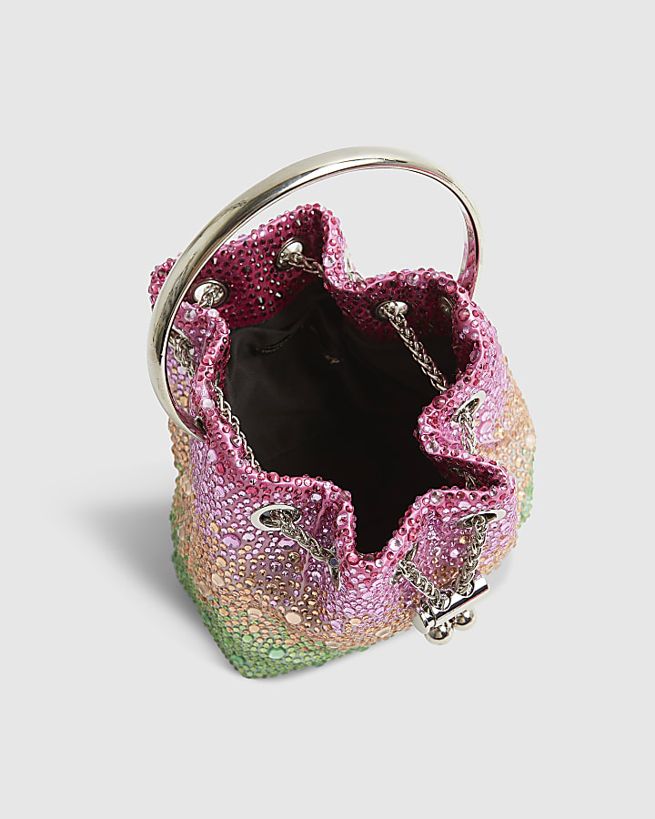 Pink Ombre Gem Metal Handle Bucket Bag
