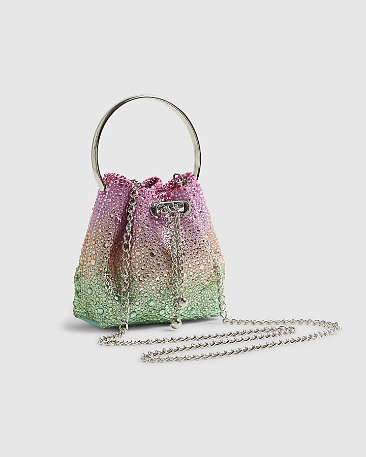 Pink Ombre Gem Metal Handle Bucket Bag