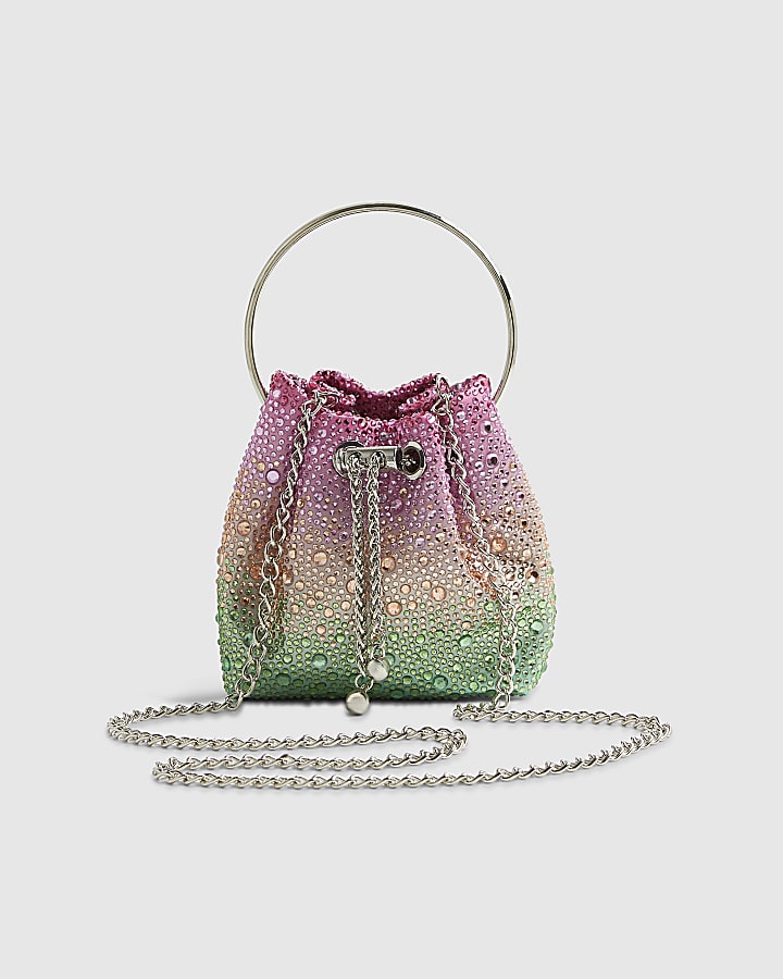 Pink Ombre Gem Metal Handle Bucket Bag
