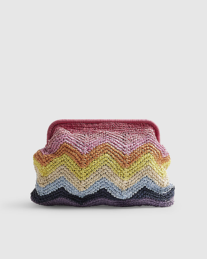 Pink Raffia Chevron Clutch Bag