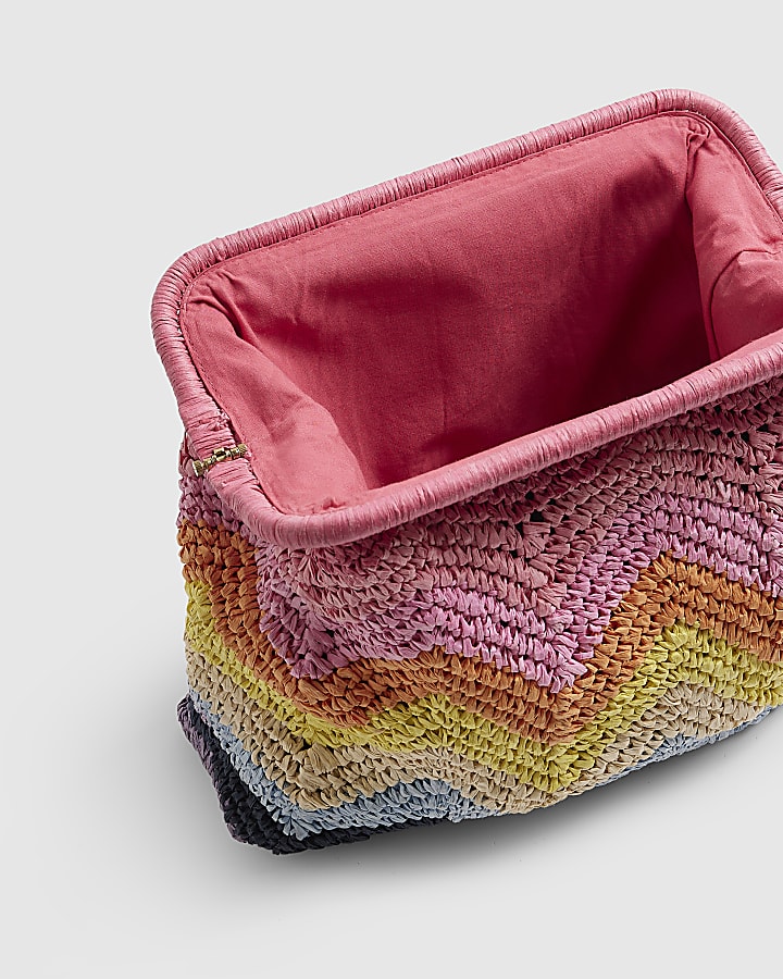 Pink Raffia Chevron Clutch Bag