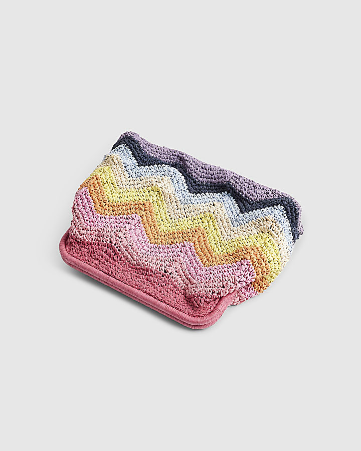 Pink Raffia Chevron Clutch Bag