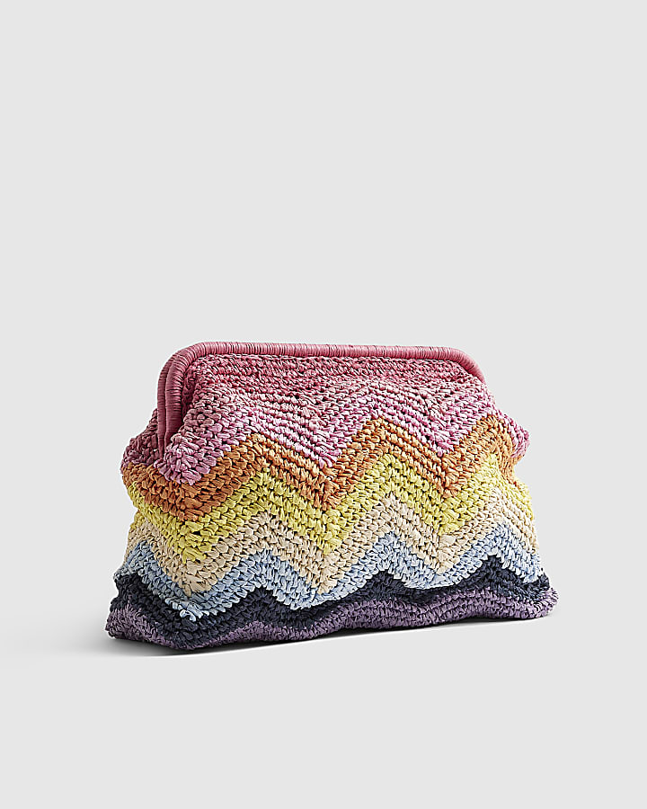 Pink Raffia Chevron Clutch Bag