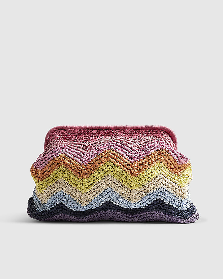 Pink Raffia Chevron Clutch Bag