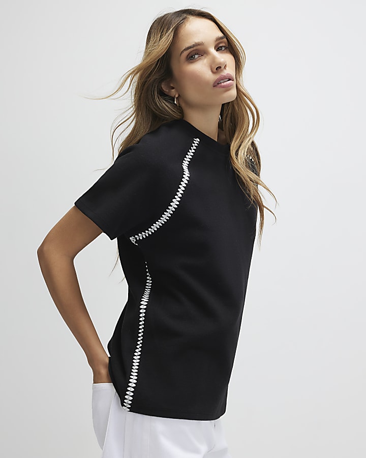 Black Short Sleeve Cosy Whipstitch T-shirt