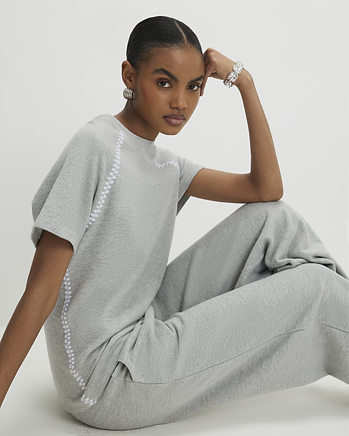Grey Short Sleeve Cosy Whipstitch T-shirt