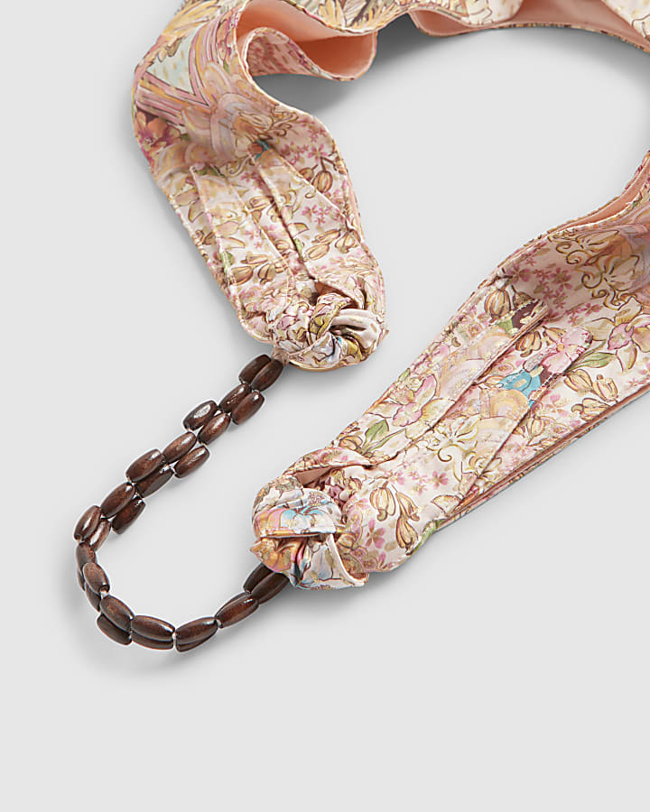 Cream Wood Handle Printed Slouch Bag