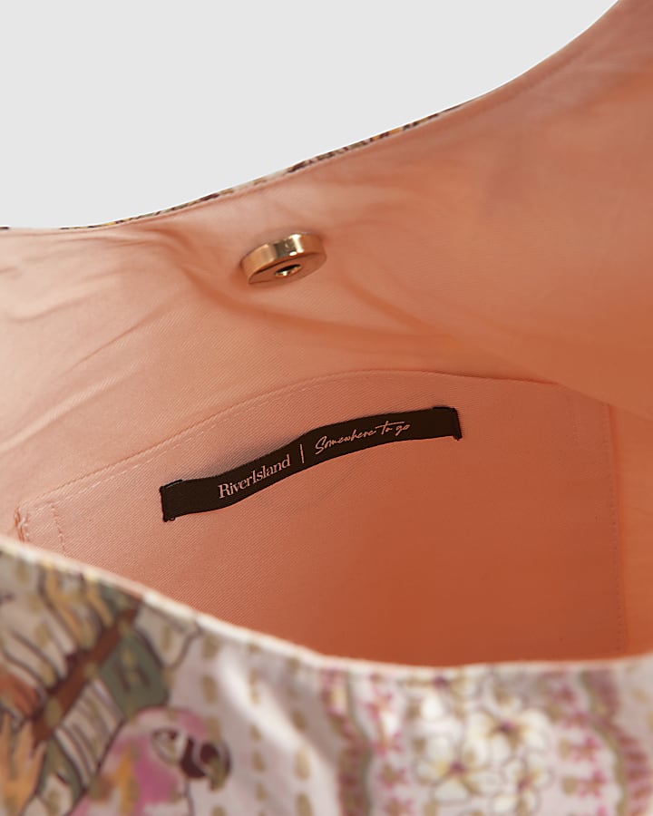 Cream Wood Handle Printed Slouch Bag