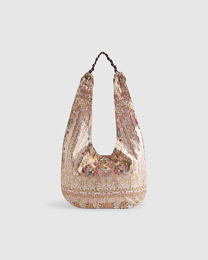 Cream Wood Handle Printed Slouch Bag