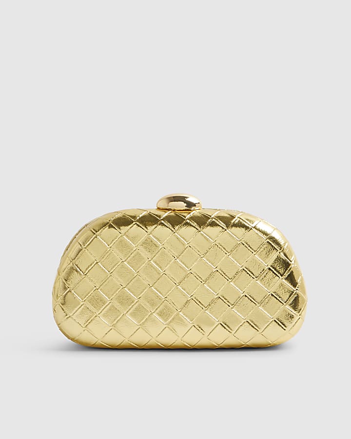 Gold Woven Hard Shell Clutch Bag