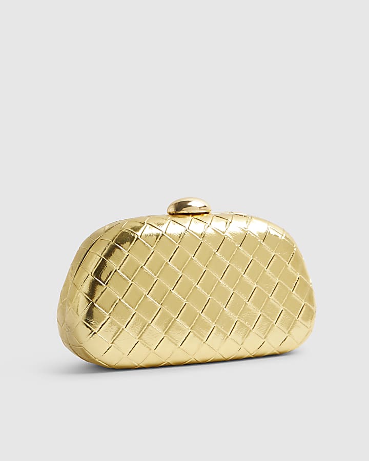 Gold Woven Hard Shell Clutch Bag