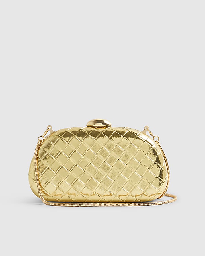 Gold Woven Hard Shell Clutch Bag
