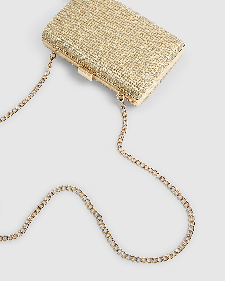 Gold Diamante Embellished Hard Clutch Bag