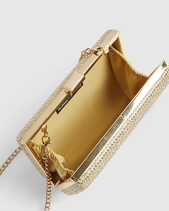 Gold Diamante Embellished Hard Clutch Bag
