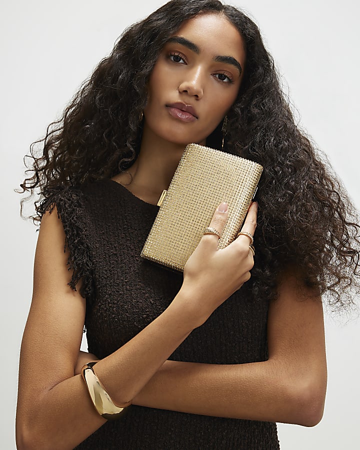 Gold Diamante Embellished Hard Clutch Bag