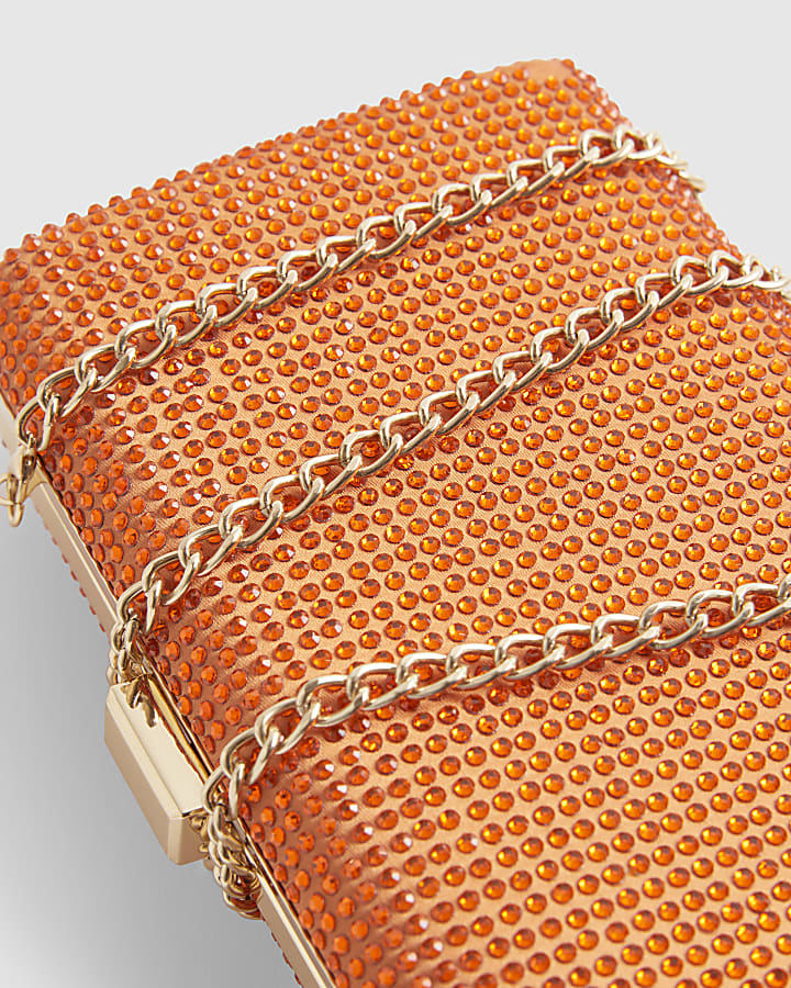 Orange Embellished Hard Clutch Bag