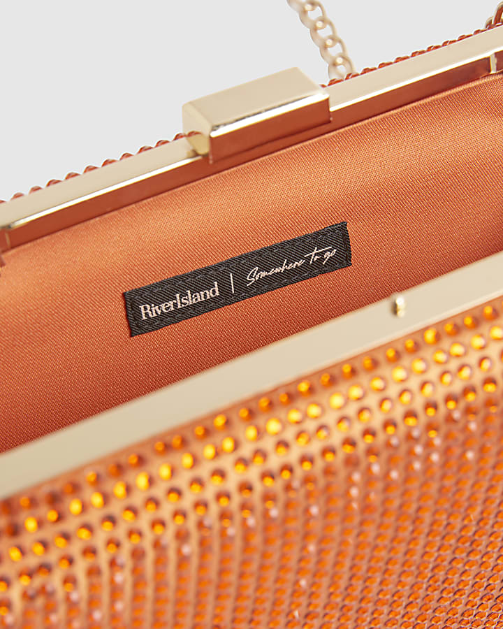 Orange Embellished Hard Clutch Bag