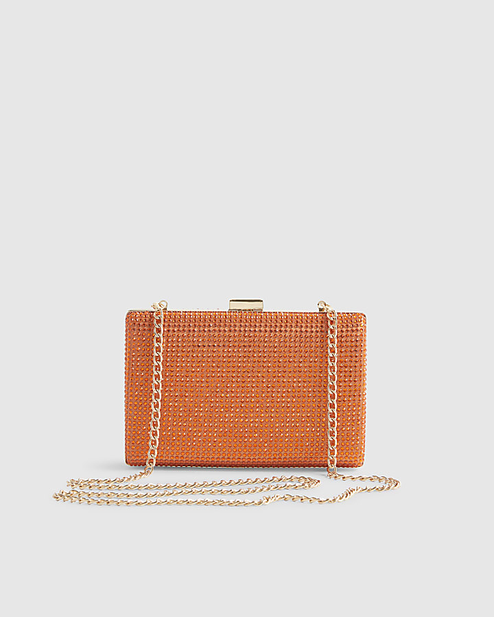 Orange Embellished Hard Clutch Bag