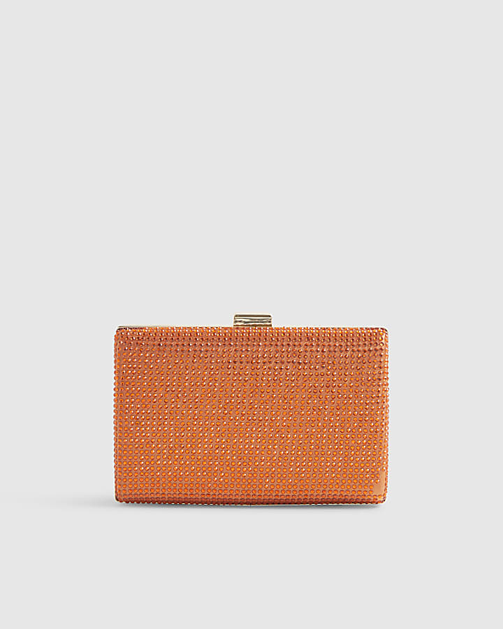 Orange Embellished Hard Clutch Bag