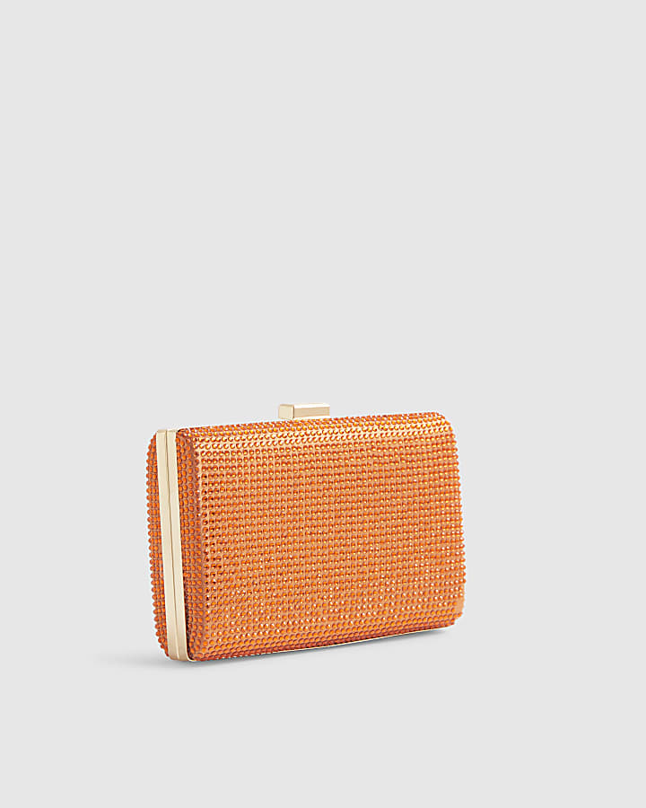 Orange Embellished Hard Clutch Bag