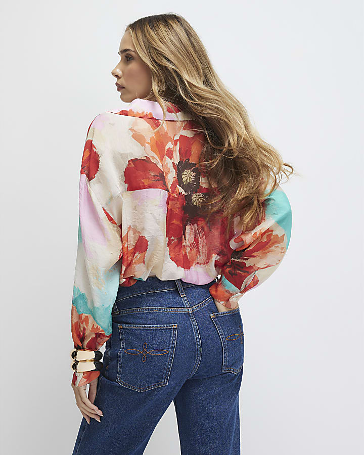 Red Floral Print Long Sleeve Blouse
