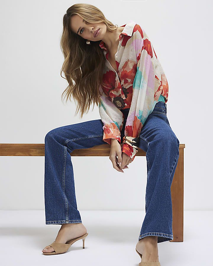 Red Floral Print Long Sleeve Blouse