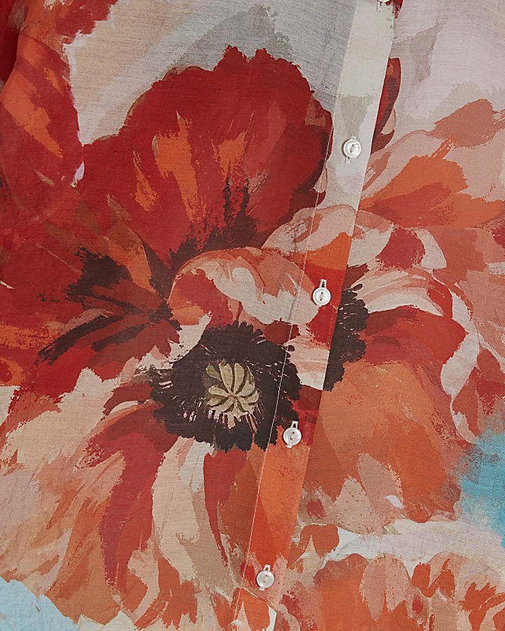 Red Floral Print Long Sleeve Blouse