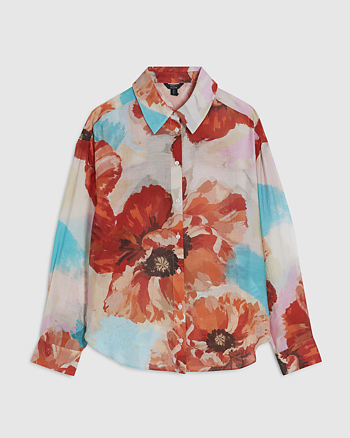 Red Floral Print Long Sleeve Blouse