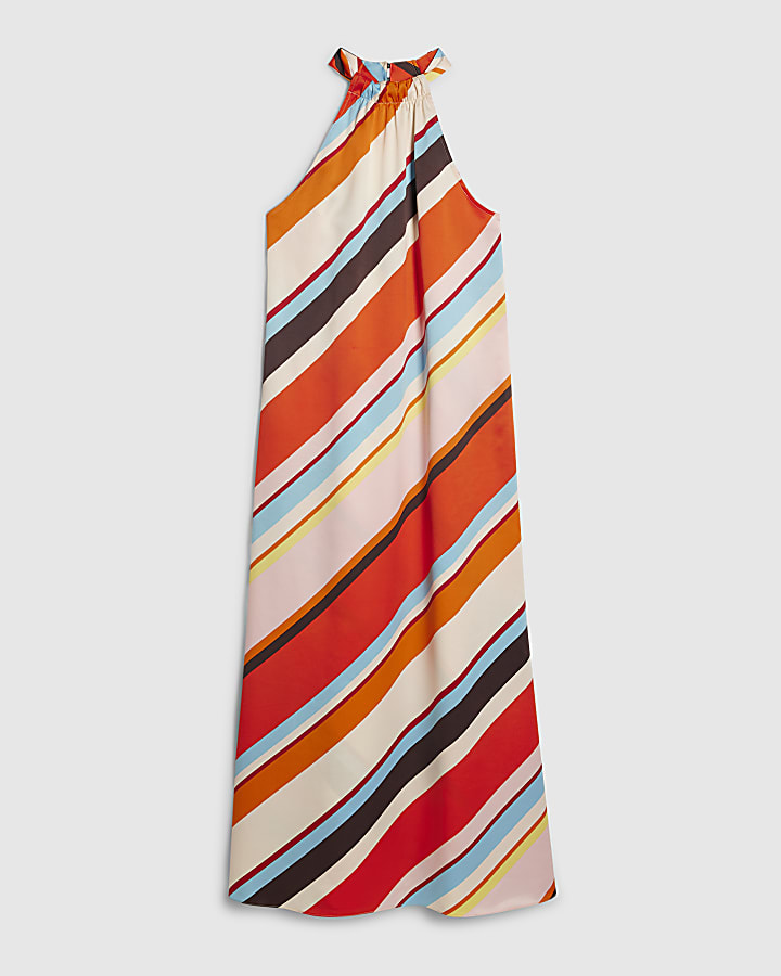 Orange Halter Satin Maxi Dress