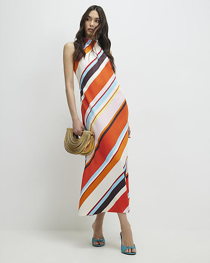Orange Halter Satin Maxi Dress