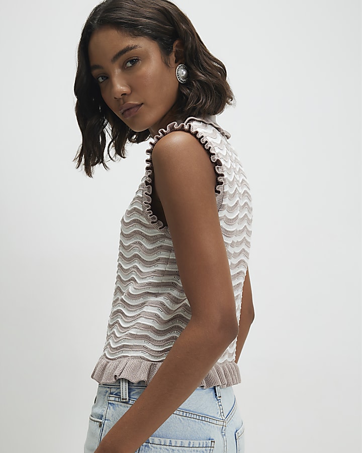 Beige Striped Knit Collared Tank Top